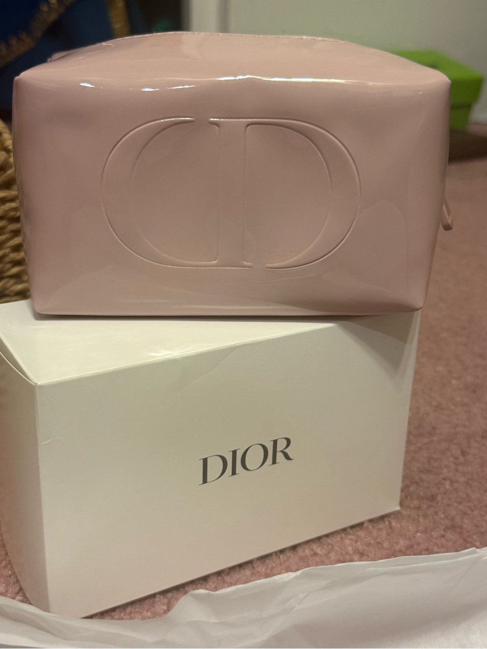 Dior Glossy Light Pink Patent Cosmetic Case with Embossed CD and beauty products